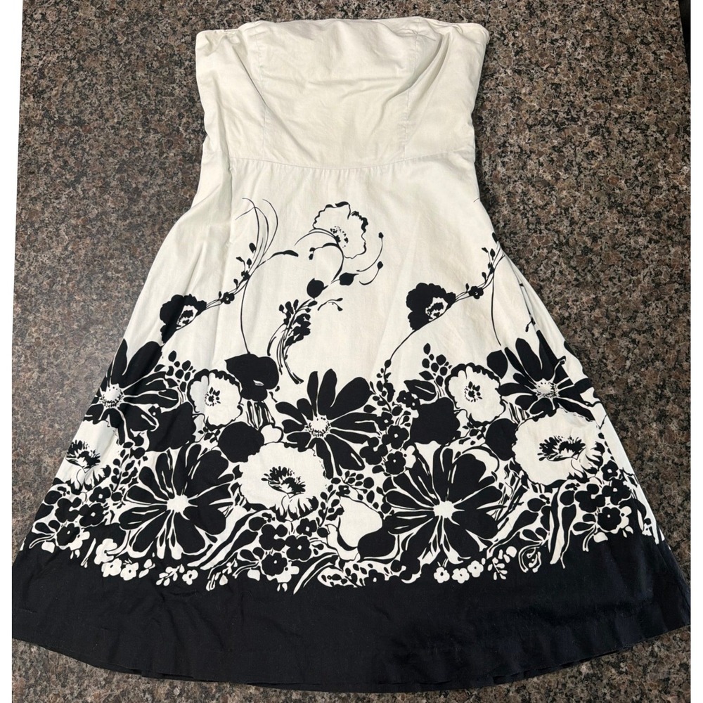 Ann Taylor White Black Floral Strapless Fit Flare Cotton Midi Dress Size 6